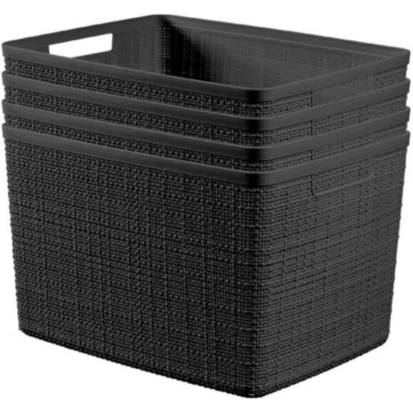 Black Plastic Storage Baskets Set of 4 Shelf Bins Closet Pantry Organizer Bins - Picture 1 of 8